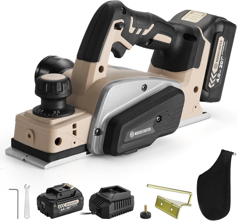 WOODSTARTER مخطط يدوي كهربائي بدون سلك (بطارية وشاحن)، محرك بدون فرشاة 15000 دورة في الدقيقة، عرض التخطيط 3-1/4 بوصة، بطارية 20 فولت 4.0Ah، شاحن، دليل حواف وحقيبة غبار متضمنة، مثالي لتشطيب الخشب - Image 1